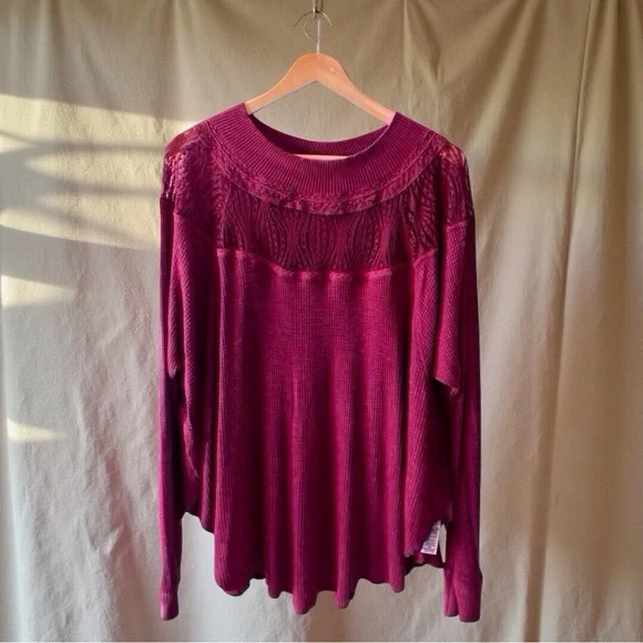 FREE PEOPLE Lace Yoke Top Burgundy Waffle Knit Mock Neck M Boho - Picture 6 of 10